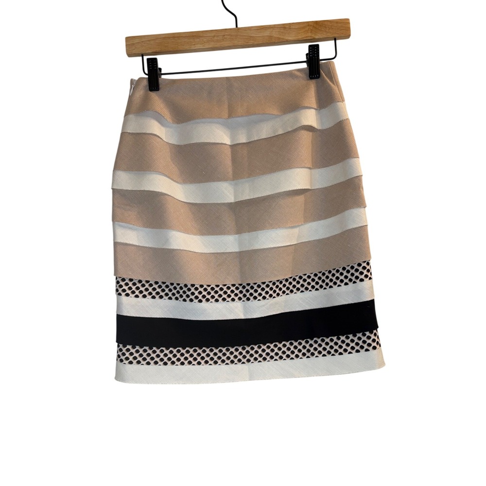 White House Black Market Tiered Striped Mesh Pencil Skirt Beige Black 00